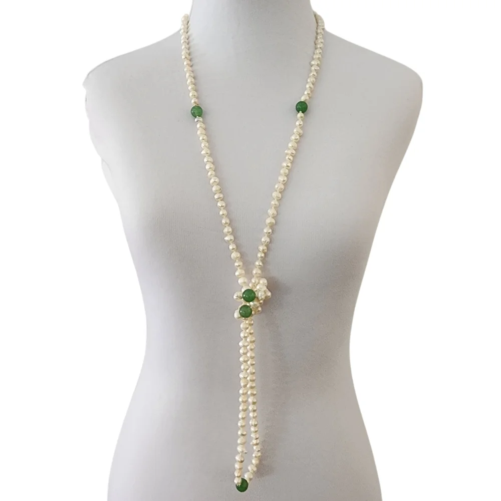 Extra long pearl necklace with green apple quartz hand knotted pearls L511 -Q5